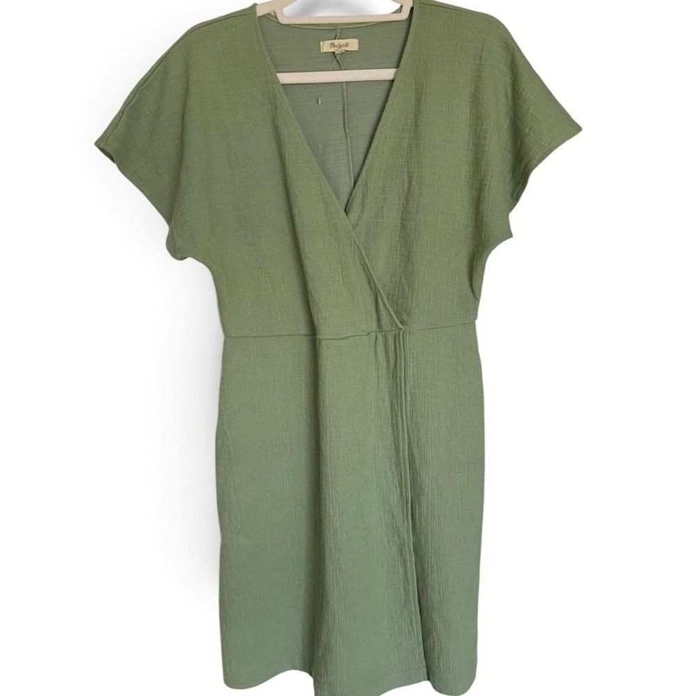 Madewell Womens Large Sage Green Textured Knit‎ Faux Wrap Knee Length Dress